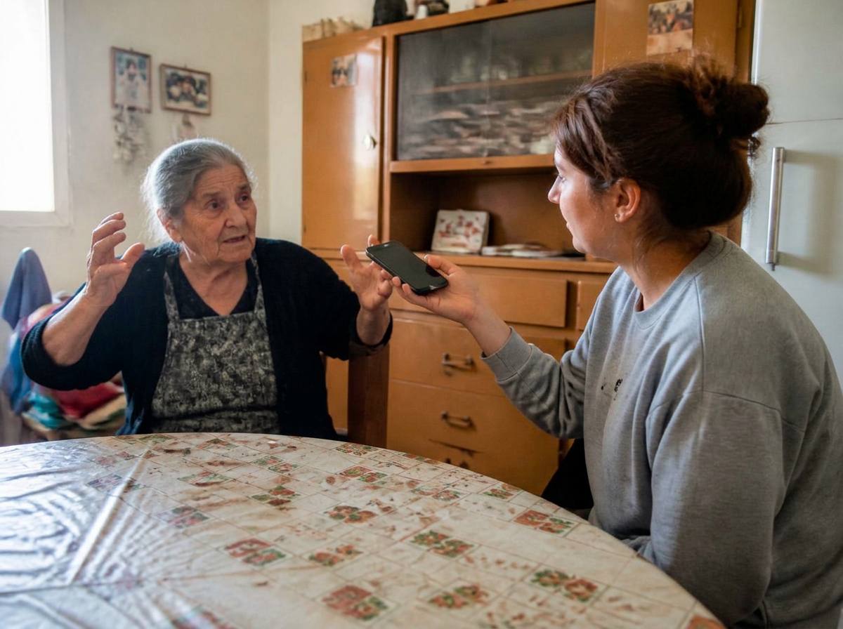Un'anziana racconta una storia mentre una ragazza la registra con il telefono, in cucina