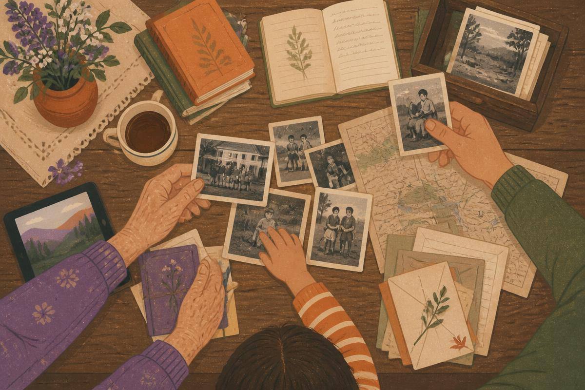 Foto d'epoca, quaderni e documenti ordinati insieme su un tavolo di paese